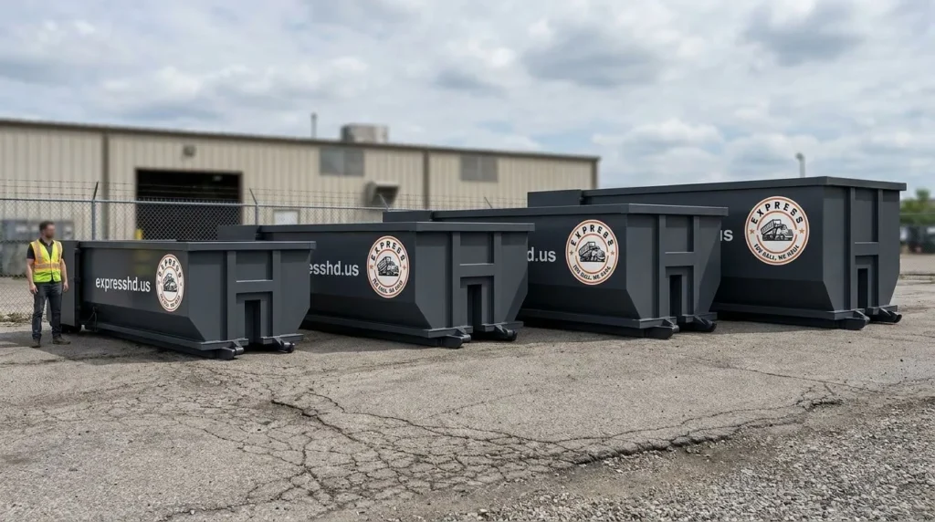 Express Hauling dumpster size guide chart comparing 15, 20, 30, and 40 yard roll-off containers in Atlanta GA